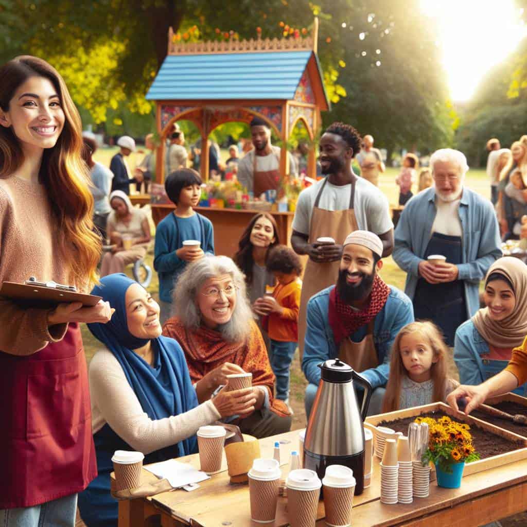 Community kindness initiatives in sunny park gathering.