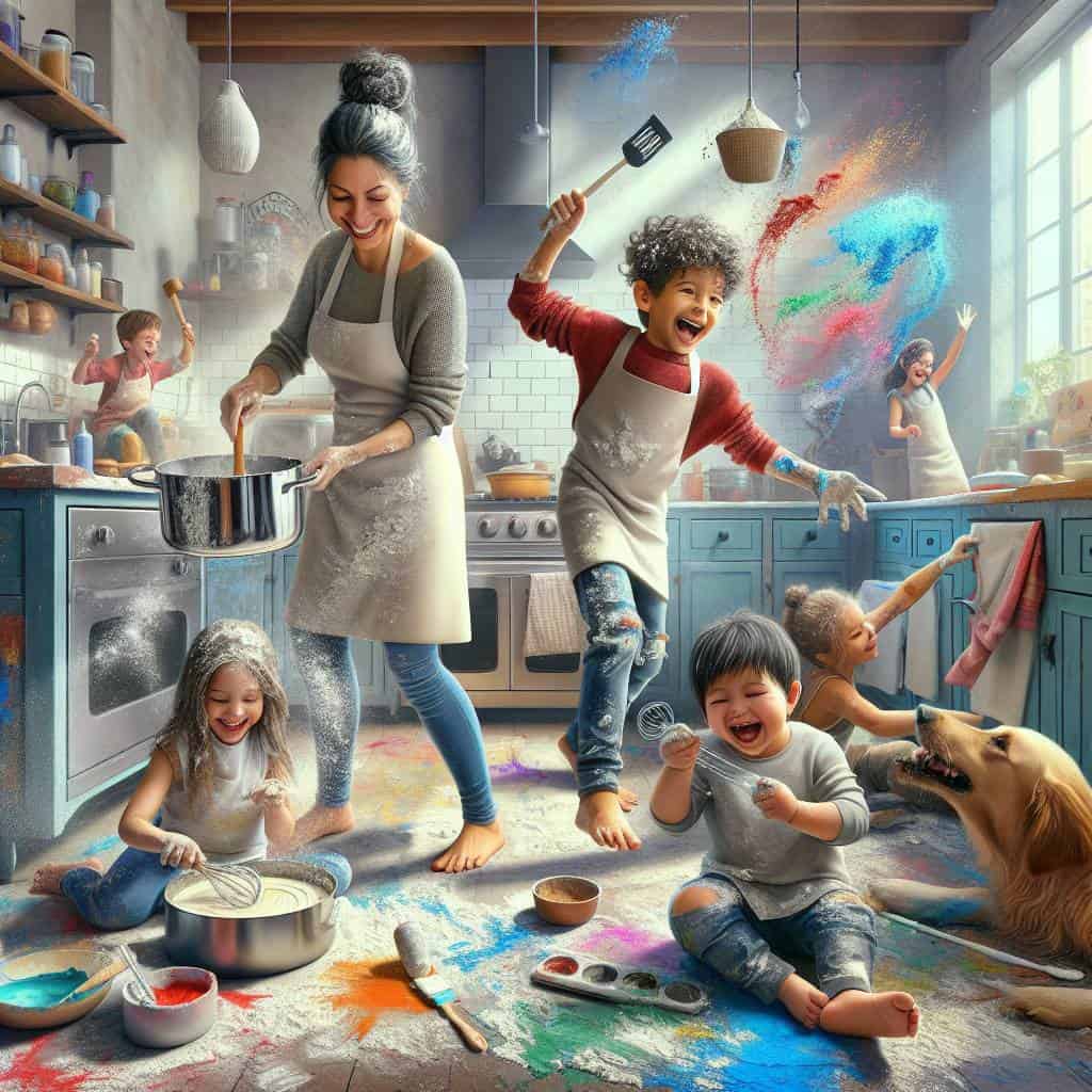 Joyful cooking with kids in kitchen.