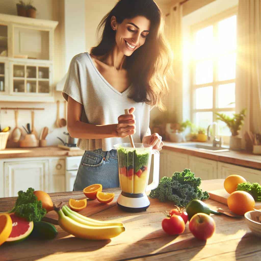 Healthy routine makeovers in sunlit kitchen.
