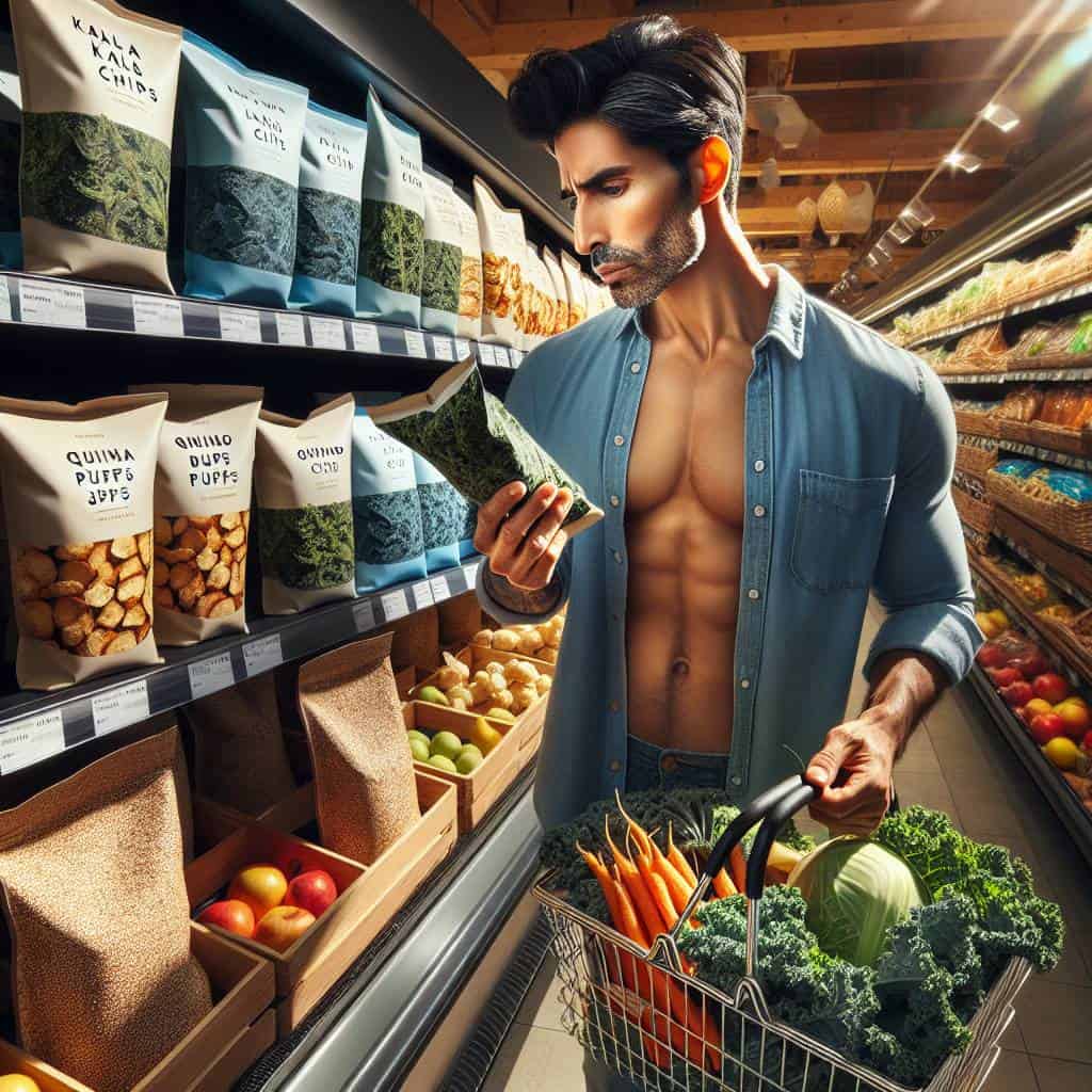 Healthy snack swaps grocery store aisle.