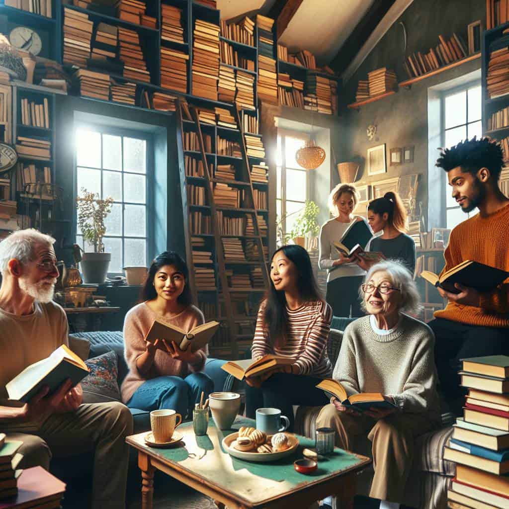 Organizing book exchanges in cozy living room.