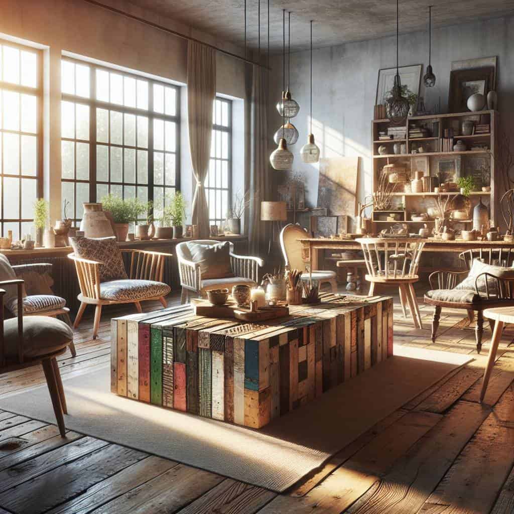 Upcycling home projects cozy living room.