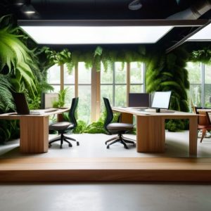 Biophilic Workspace VOC Filtration in creative office.